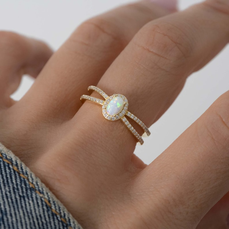 AneJewelryGL Dainty Gold & Silver Opal Ring